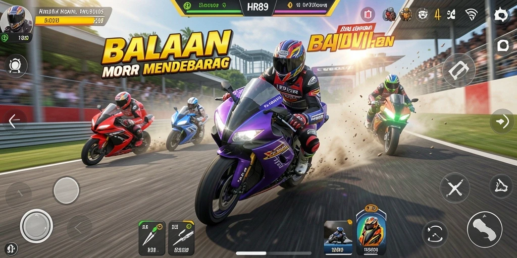 Tampilan gameplay mendebarkan dari HR89 dengan aksi balapan motor.