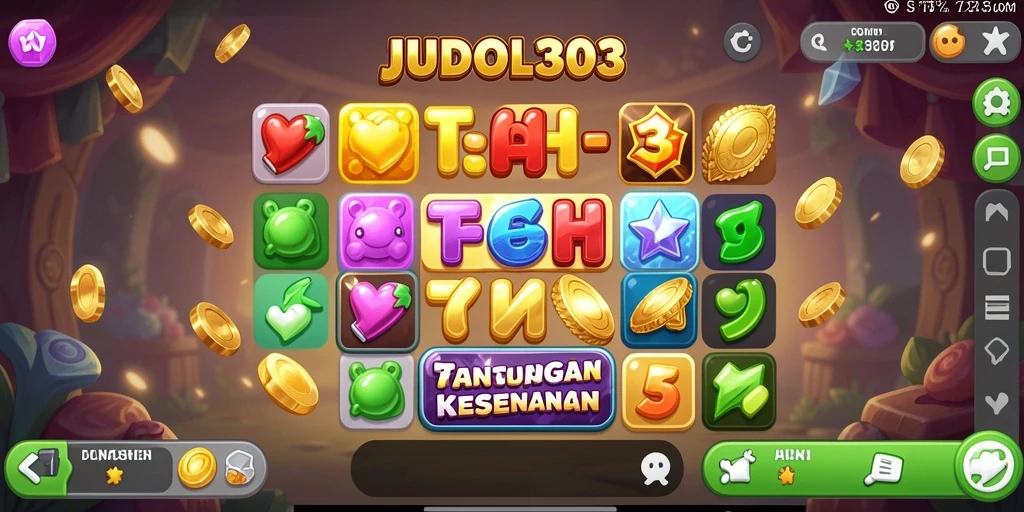 Cuplikan gameplay <strong>JUDOL303</strong> menampilkan aksi Match-3 yang penuh warna.