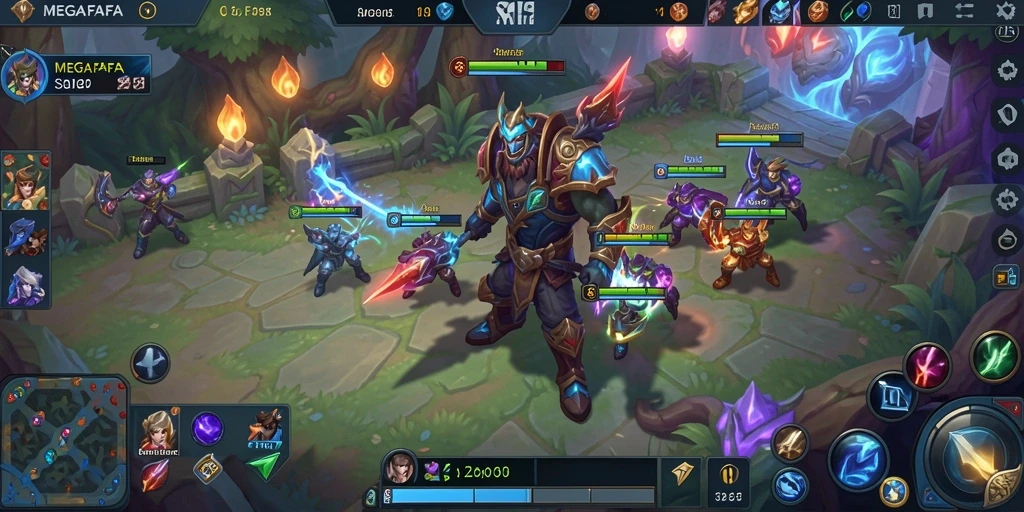 Screenshot gameplay MEGAFAFA menampilkan pertempuran MOBA yang seru.