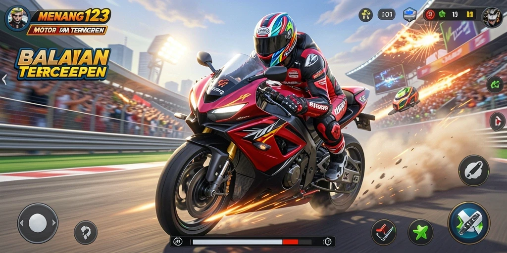 Tampilan gameplay seru dari MENANG123 dengan balapan motor yang mendebarkan.