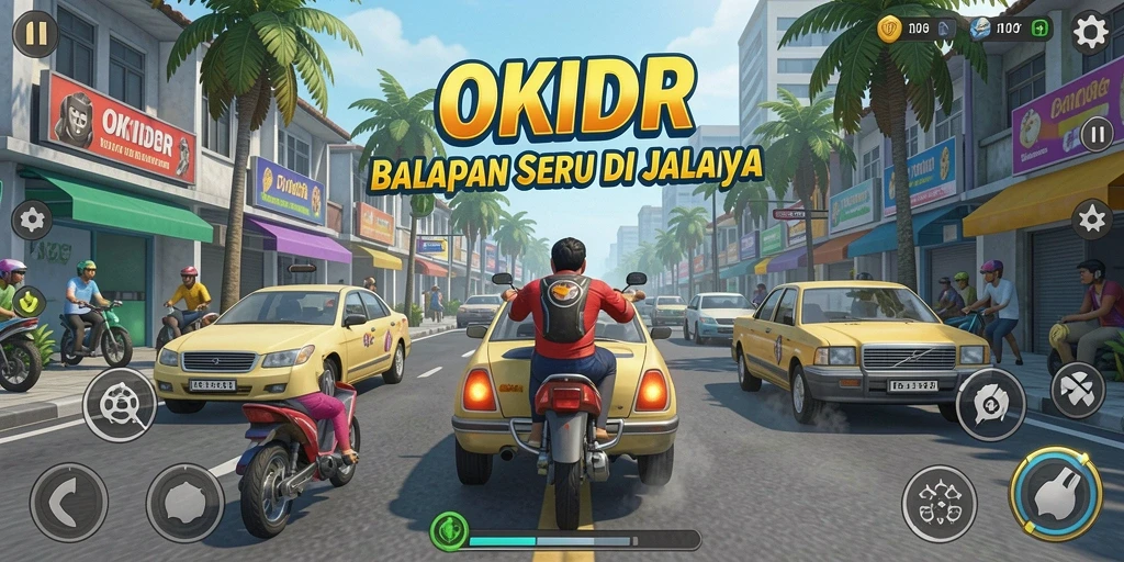 Gameplay OKIDR menampilkan balapan mendebarkan di jalanan kota.