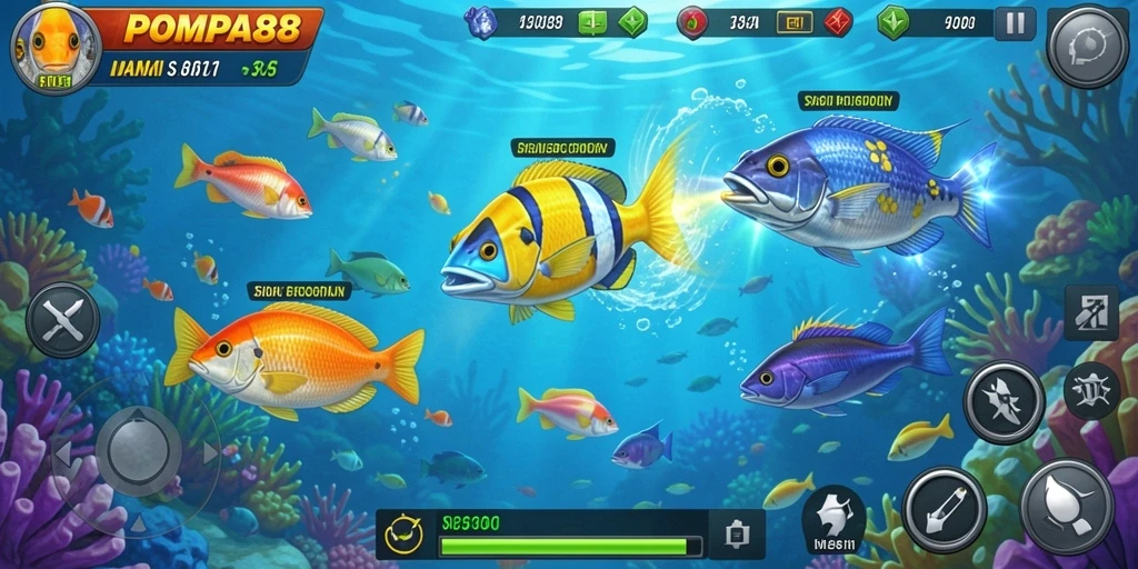 Gameplay seru POMPA88 saat menangkap ikan di bawah laut.