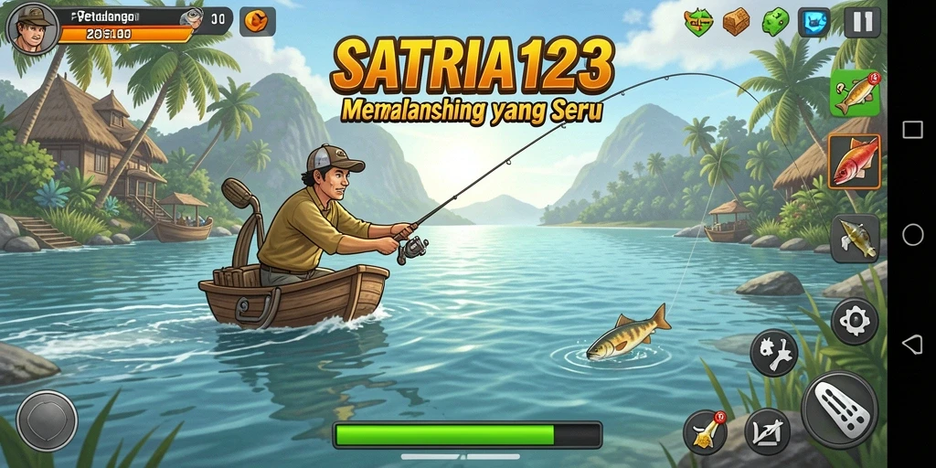 Tampilan gameplay <strong>SATRIA123</strong> yang memukau saat menangkap ikan di danau.