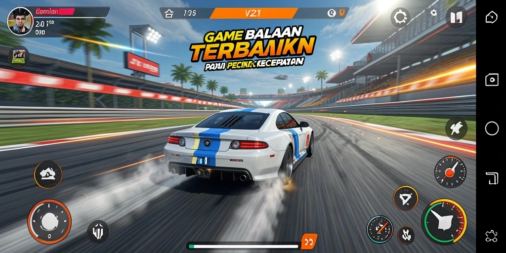 Screenshot utama V21 menampilkan aksi balapan seru dengan mobil cepat di lintasan.